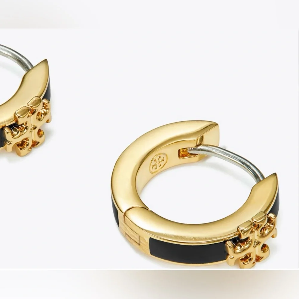 Tory Burch Gold and Black Huggie Hoop Earrings - Picture 3 of 5